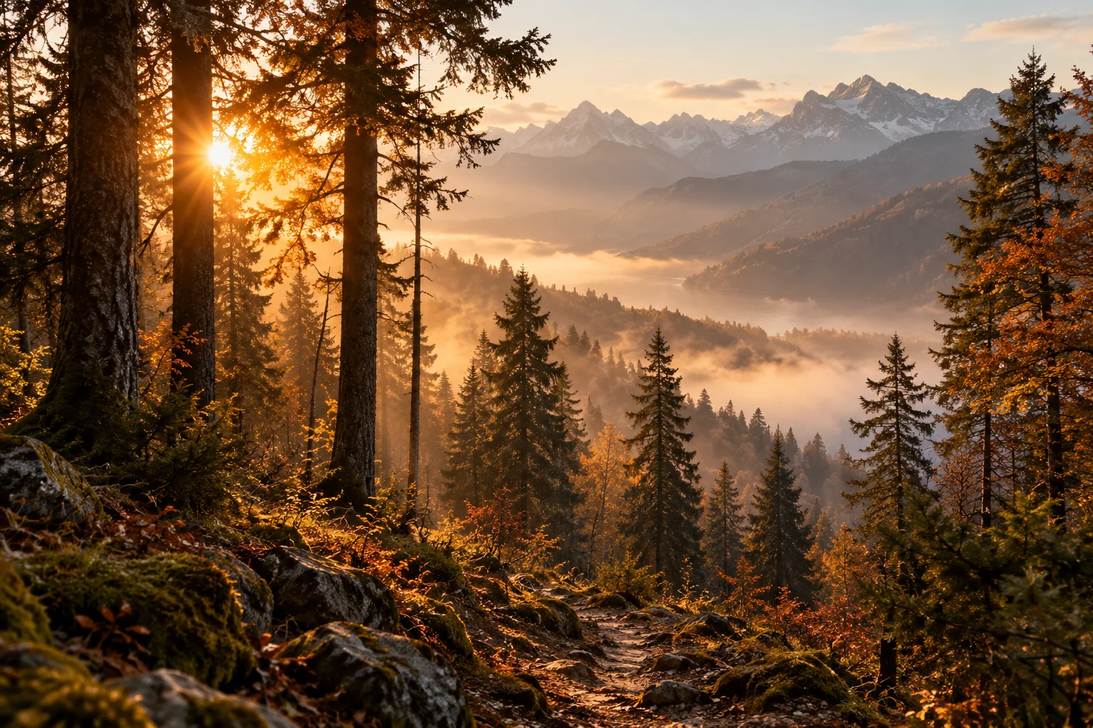Goldenes Licht in einem Alpenwald