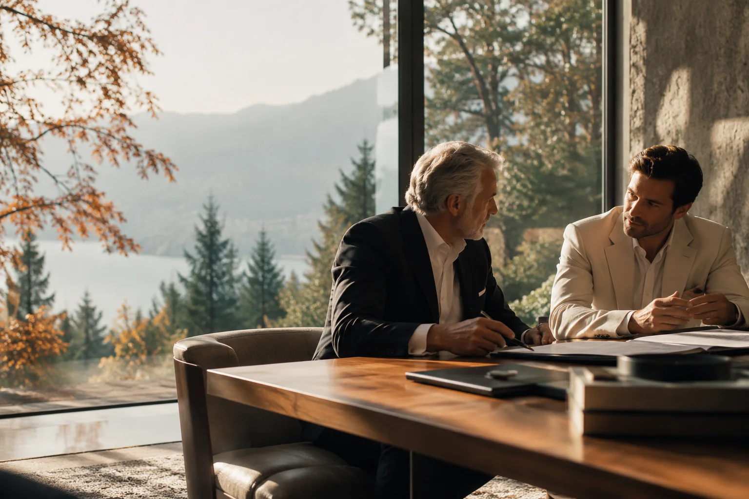 Berufliches Gespräch in einem Büro mit Blick auf eine Waldlandschaft