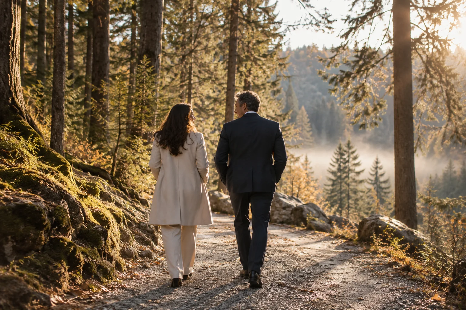 Zwei Menschen auf einem Weg durch den Alpenwald